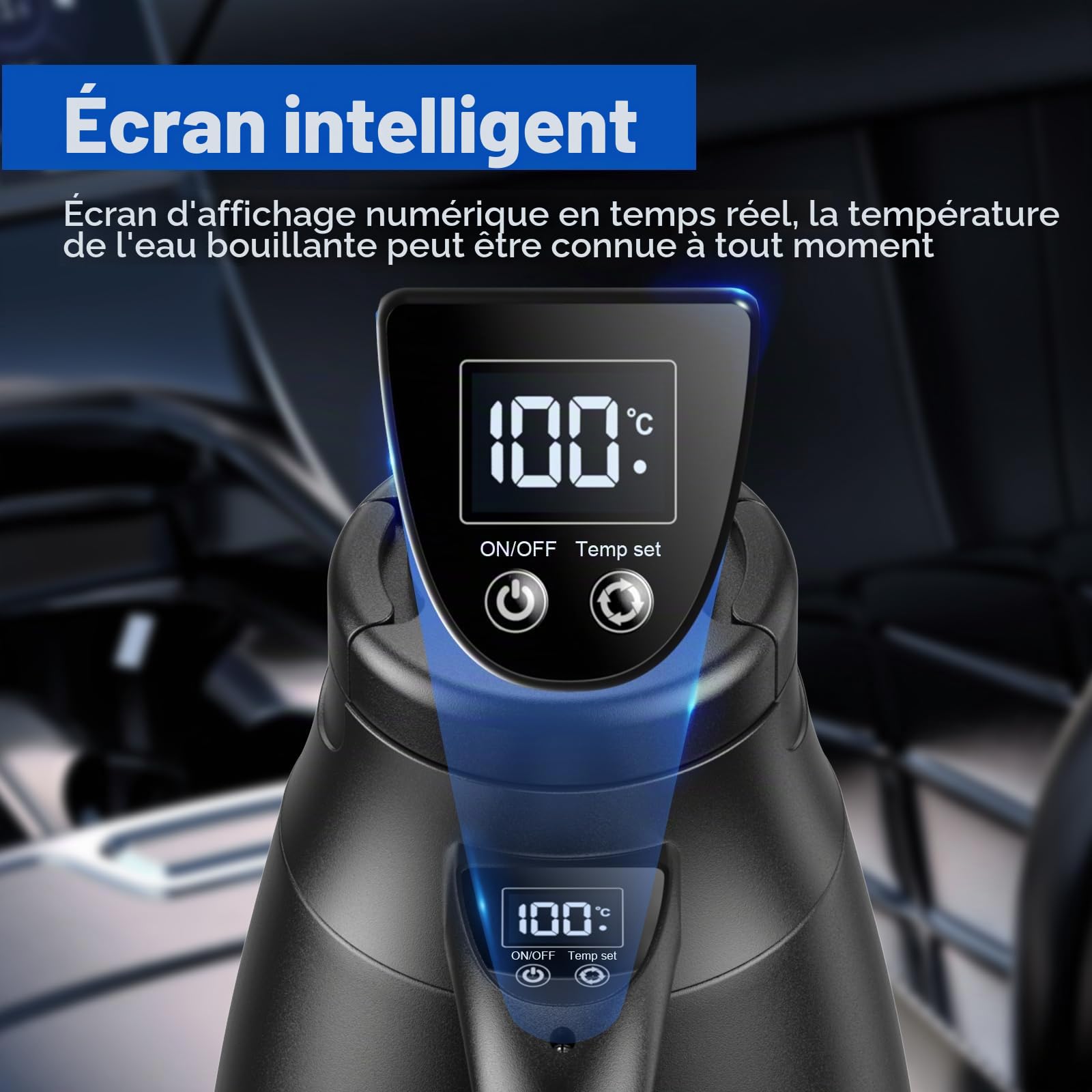 Bouilloire de voyage 12 V/24 V pour voiture, 1,2 litre, en acier inoxydable, avec adaptateur allume-cigare. Chauffe jusqu'à 100 °C et dispose d'un écran LCD. Idéale pour l'eau chaude, le café