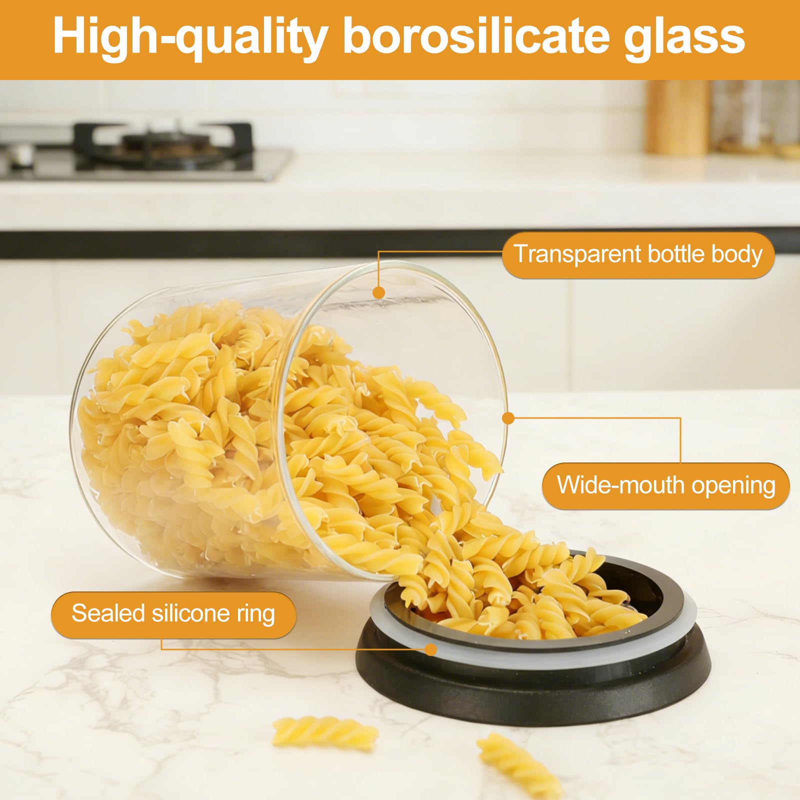 Romon Barattolo Vetro Con Coperchio, Set Di 4 (600ml Ciascuno), Trasparente impilabile, Contenitore Ermetico per Alimenti per conservare cereali, biscotti, pasta e caffè in grani