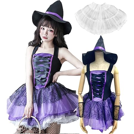 Amazon Co Jp Milky Time 魔女 ハロウィン コスプレ 帽子セット ゴスロリ ワンピース セクシー 大人 ミニ丈 ウィッチ 紫 ホビー