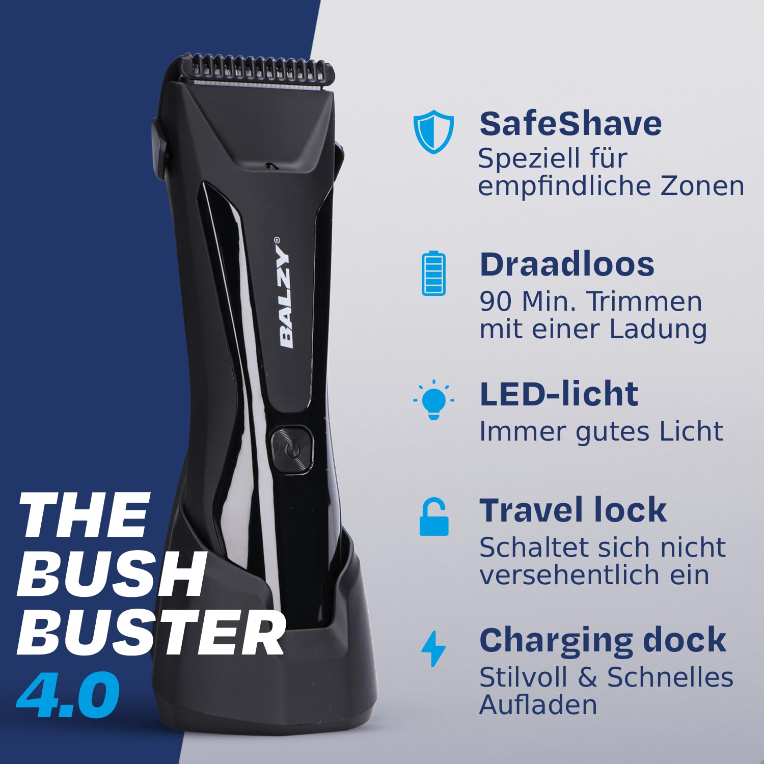 BushBuster® 4.0 Intimrasierer für Männer, Körperhaartrimmer für Brust, Rücken, Beine, Achseln & Intimbereich, Nass & Trocken, SafeShave™, Keramikklinge, USB-C, 90 Min. Laufzeit, IPX7