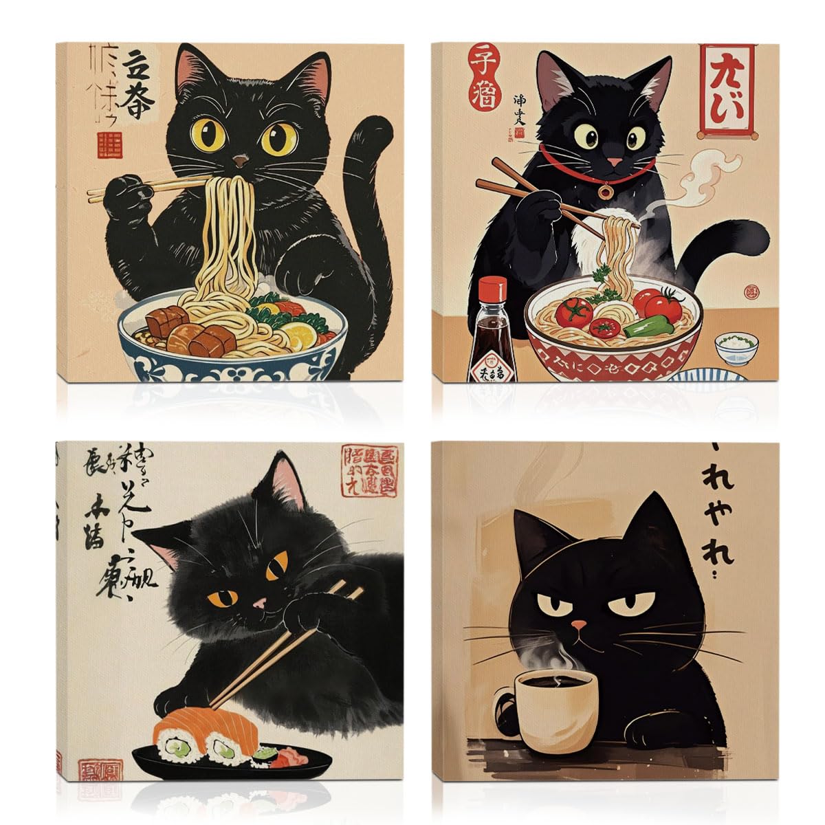4 PCs Kawaii Japanese Ramen Cats Canvas Wall Art Framed Wall Decor, Cat Lover Gifts, Cat Themed Gifts Art Prints Paintings, Pictures Home Decor for