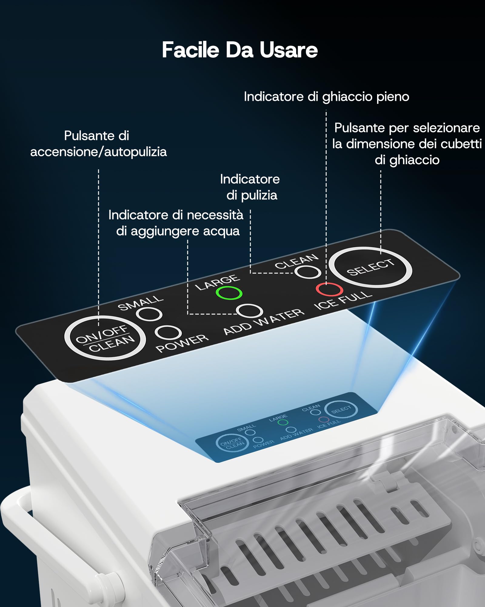Upstreman Macchina Ghiaccio Autopulente, 12 kg/Giorno, 9 Cubetti in 6-8 Min, 2 Dimensioni di Ghiaccio Selezionabili, Silenziosa & Portatile per Casa, Cucina, Ufficio, Bar e Feste – BI12-Bianco