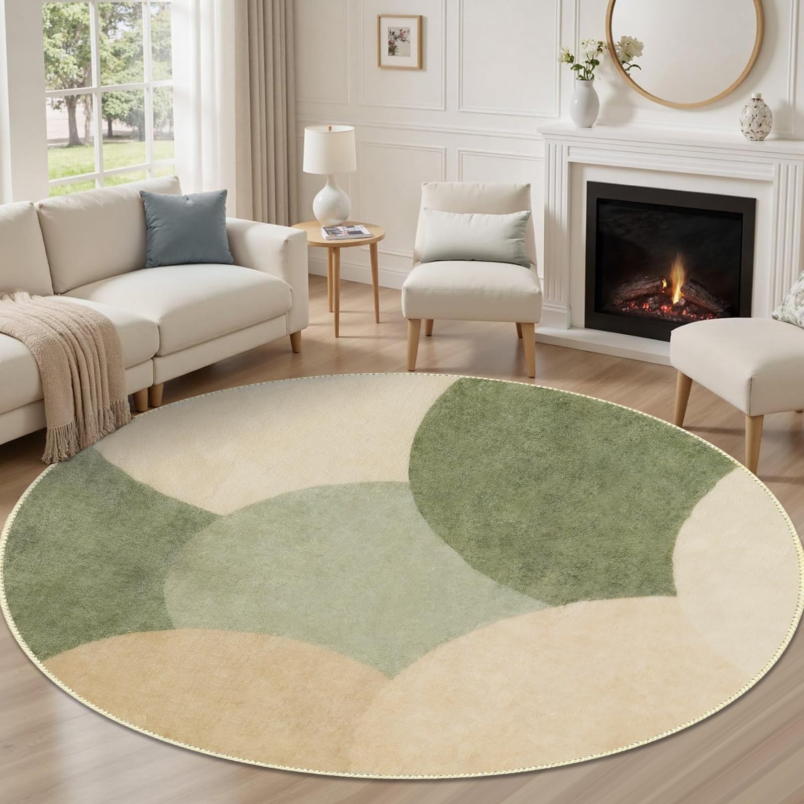 Runder Teppich 160cm Grün Beige Modern, Halbkreis Muster Flauschig Kurzflor, Antirutsch Wohnzimmer Teppich Waschbar Weich Kuschel