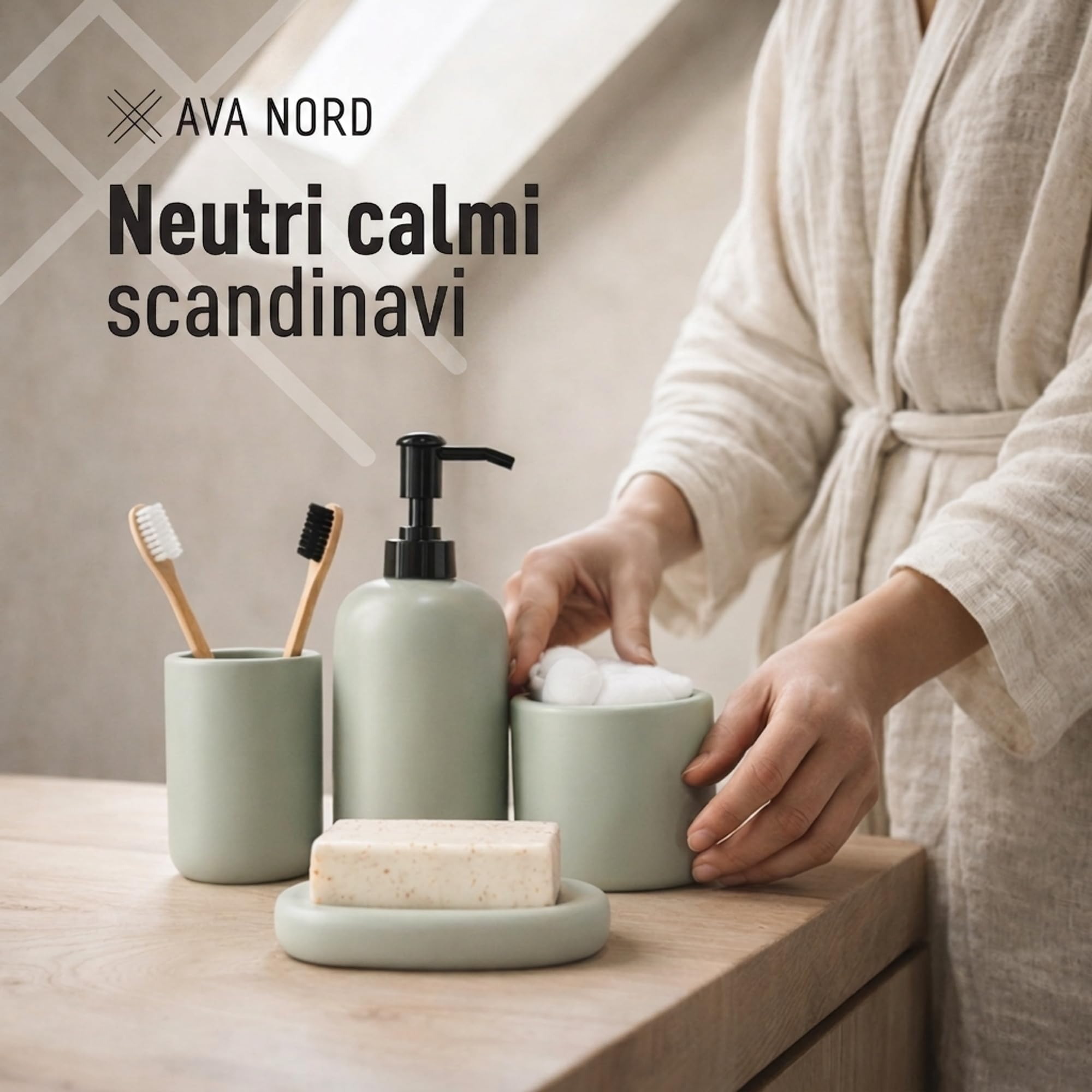 Ava Nord Set di Accessori per il Bagno in Ceramica | 4 Pezzi | Verde | Dispenser di sapone + Portaspazzolino + Porta-sapone + Bicchiere, design scandinavo elegante, resistente ai graffi, durevole
