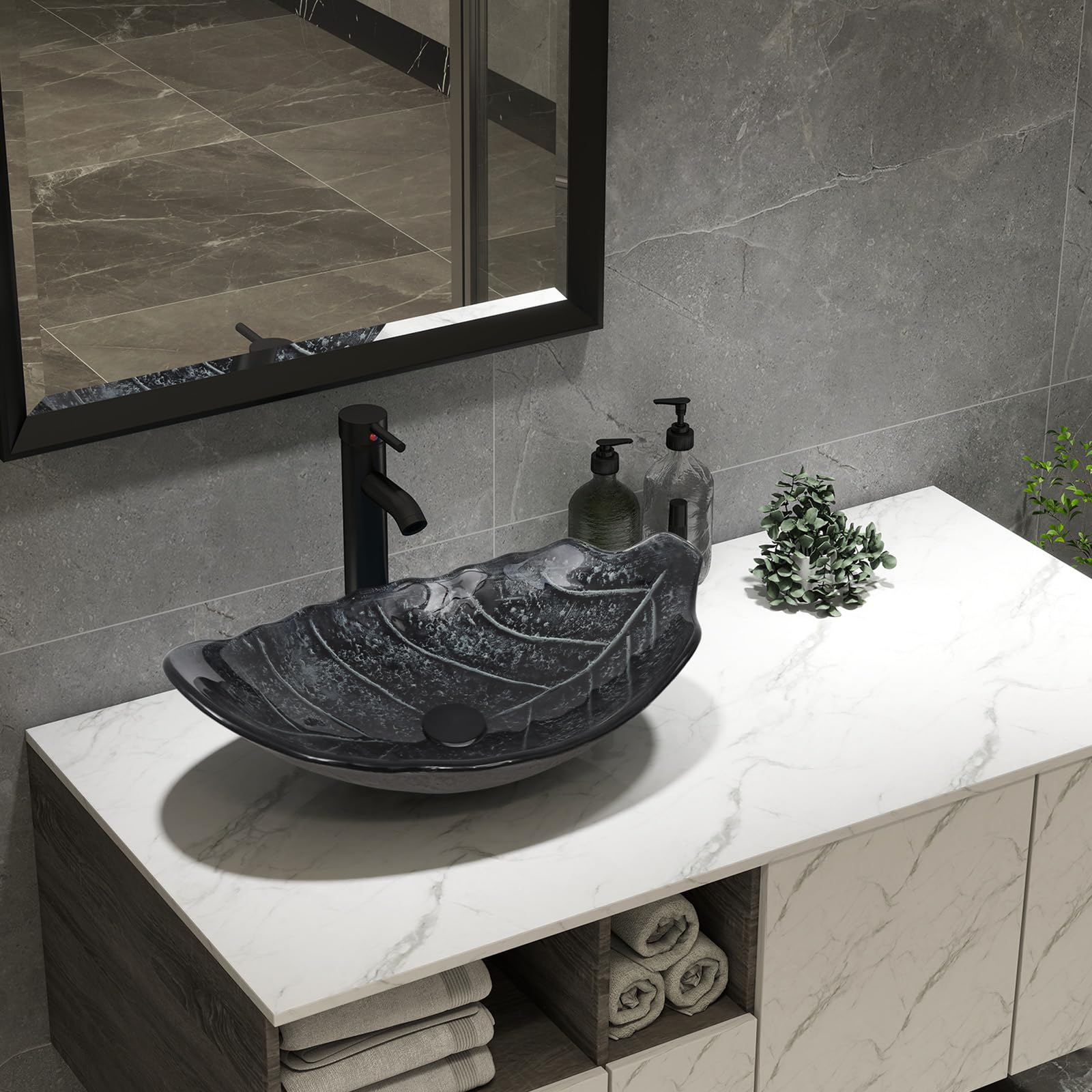 ZealWe ealWe Aufsatzwaschbecken Waschbecken aus Glas, Badmöbel Runde/Oval/Eckig Waschschale Waschplatz Handwaschbecken mit Wasserhahn Set, Aufsatz Waschtisch ohne Überlauf für Badezimmer, Küche