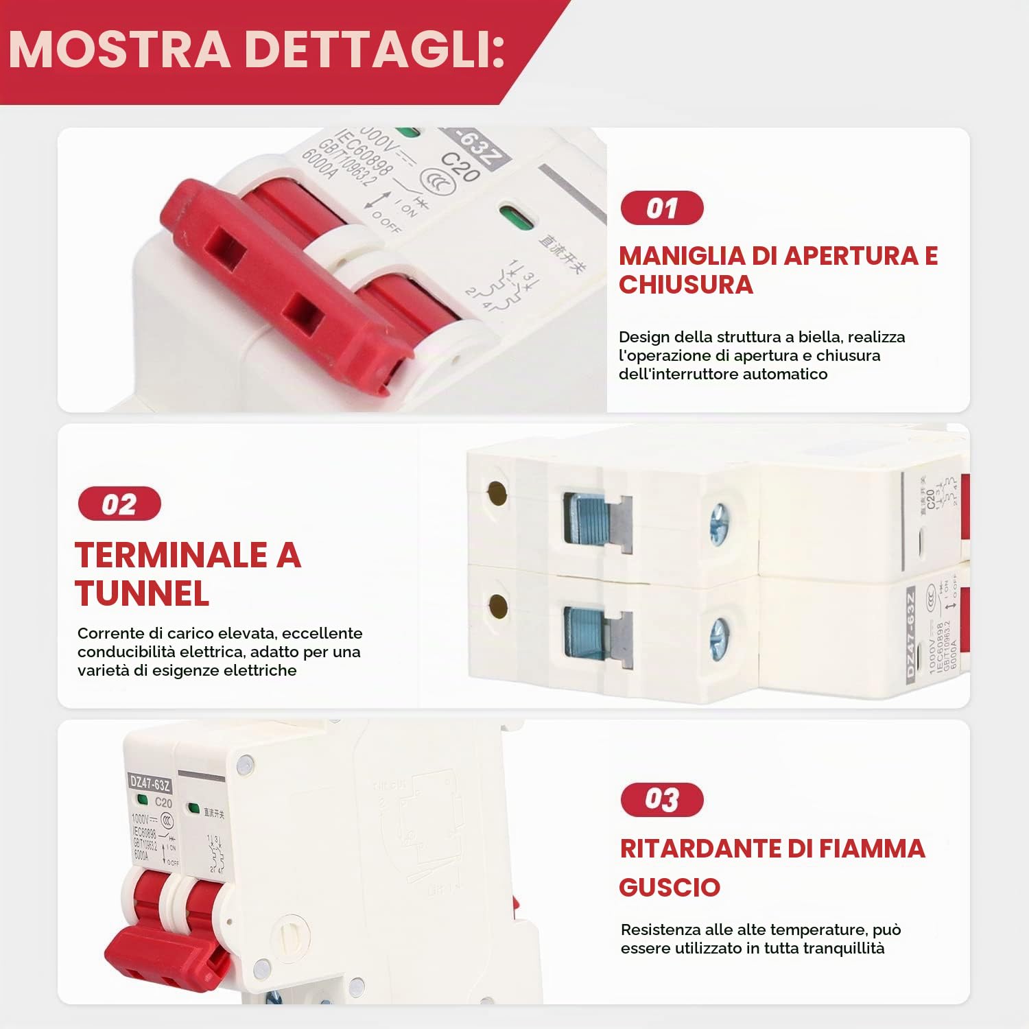 4 pezzi Interuptore Magnetotermico,1000V DC 20A 2P,Interuptore Automatico Miniaturizzato,DIN Rail Overload Protection Air Switch Circuit Breaker per l'illuminazione Residenziale Distribuzione