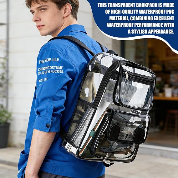 Clear Backpack - PVC Waterproof Transparent Bag, Large Capacity See Through Backpack with Data Cable Storage Bag, Clear School Rucksack with Adjustable Straps for College Work Travel Concert Sports