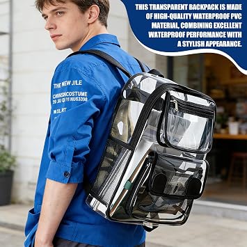 Clear Backpack - PVC Waterproof Transparent Bag, Large Capacity See Through Backpack with Data Cable Storage Bag, Clear School Rucksack with Adjustable Straps for College Work Travel Concert Sports