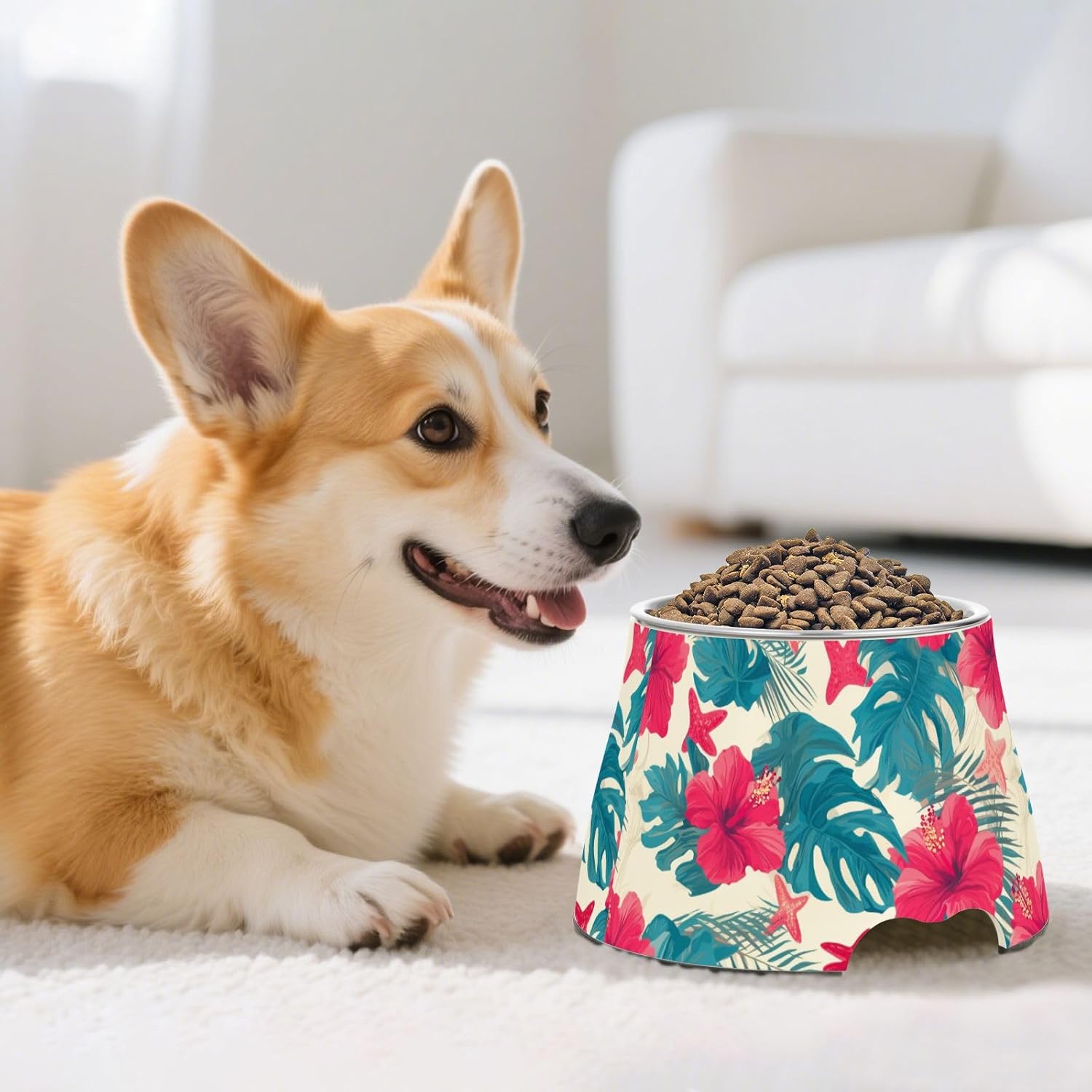 Tropical Leaves Red Hibiscus Flowers Starfish Dogs Water Bowl Non Slip Stainless Steel Pets Basic Bowls for Slow Feed Cats Comfort Feeding