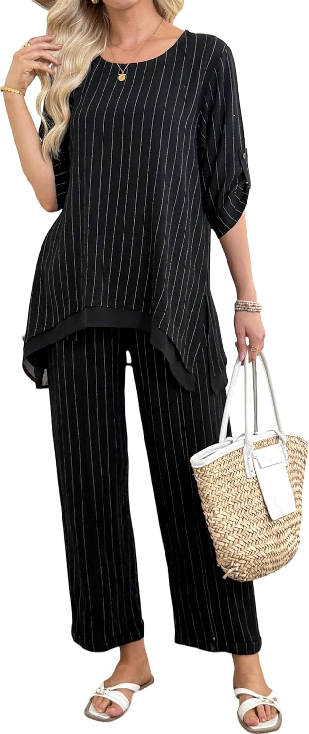 Women's Linen 2 Piece Outfits Rolled Sleeves Tops Wide Leg Trouser Pants Suits Summer Casual Dressy Linen Sets