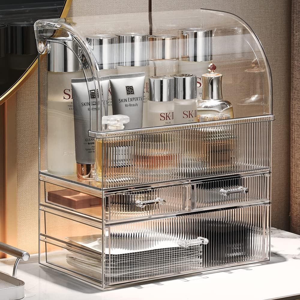 moochi professional large cosmetic makeup organizer bathroom storage display case with drawers clear with stripes