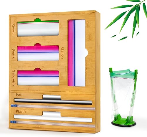 Organizador de bolsas de plástico 7 en 1 con dispensador de papel de aluminio y envoltura Saran con cortador y estante holgado para cajón de cocina,