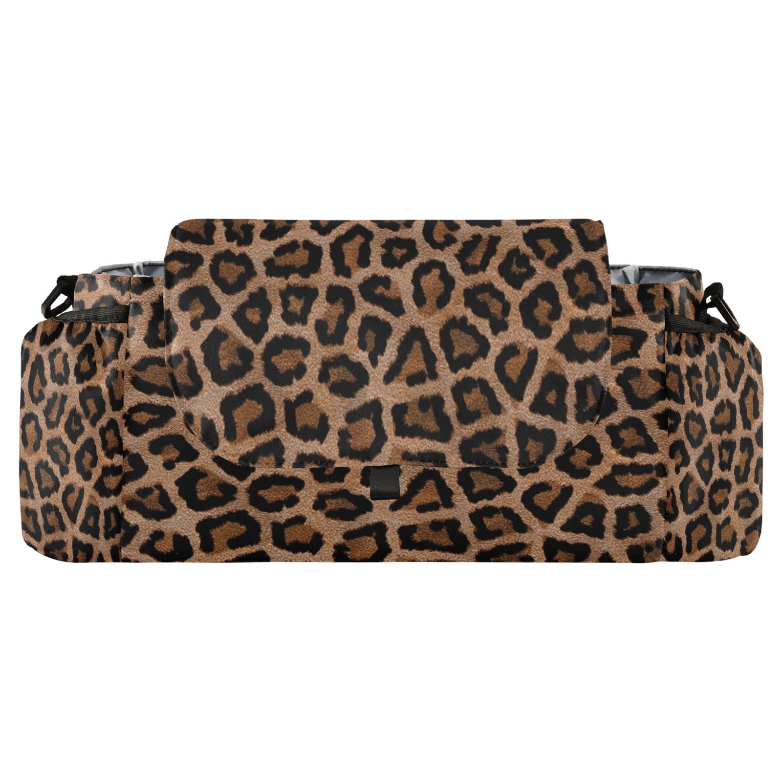 Borsa organizer per passeggino, motivo leopardato, universale, con 2 portabevande, cinghie regolabili, adatta per bottiglie, marrone, moderno