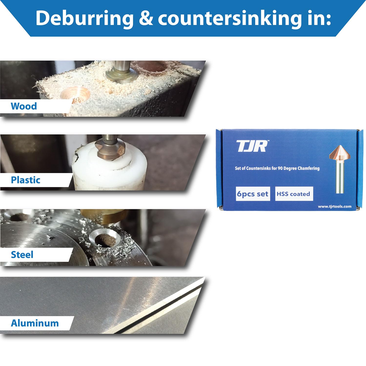 TJR® Fraise conique à 90° Ø 6,3-20,5 mm en acier HSS avec revêtement - Très tranchant - Kit d'ébavurage et d'ébavurage pour bois, métal et plastique dans une boîte de rangement (HSS 4241 avec