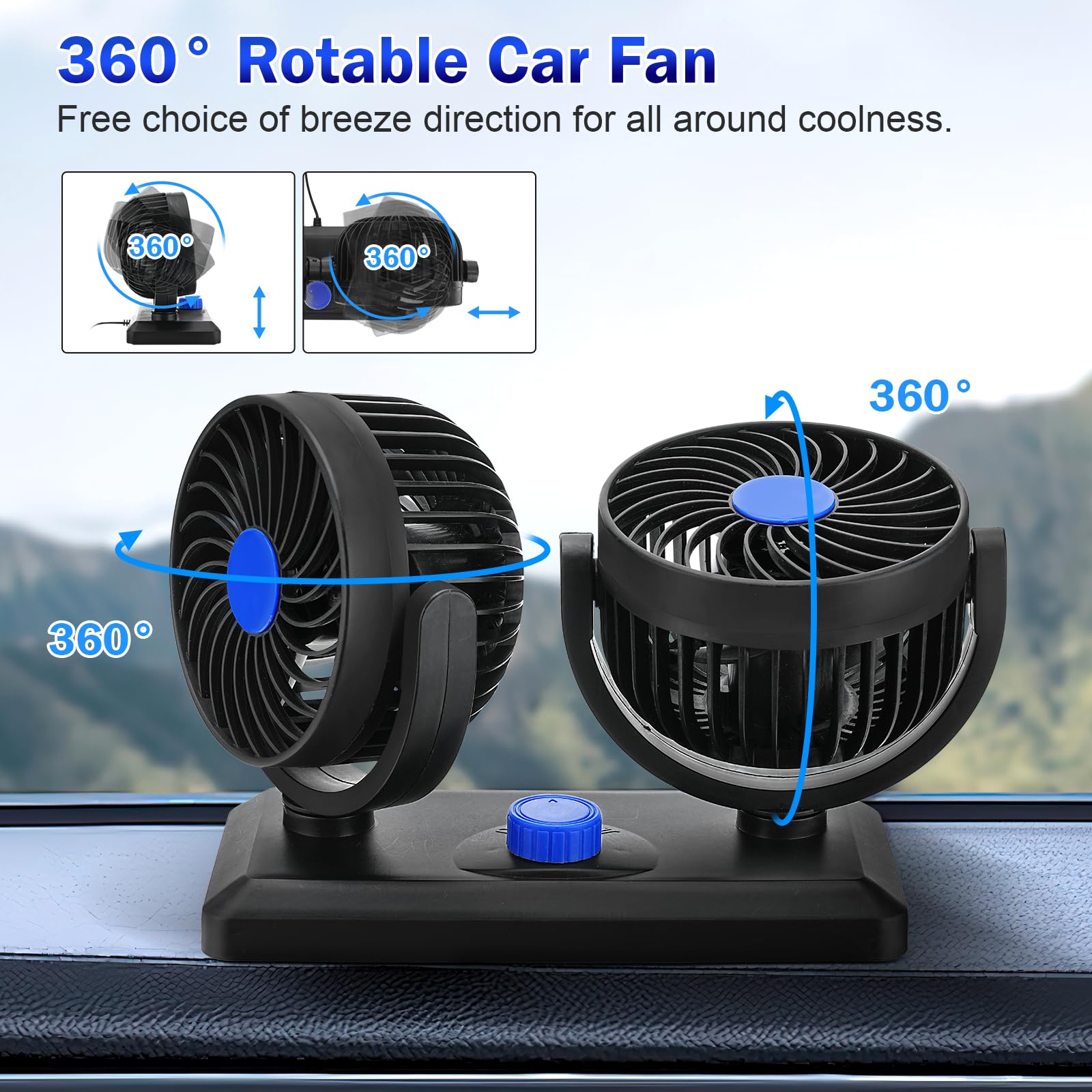 Ventola di raffreddamento portatile per auto, ventola a doppia testa per auto da 12V/24V con ventola di raffreddamento elettrica a 2 velocità regolabile a rotazione di 360° (12V blu)