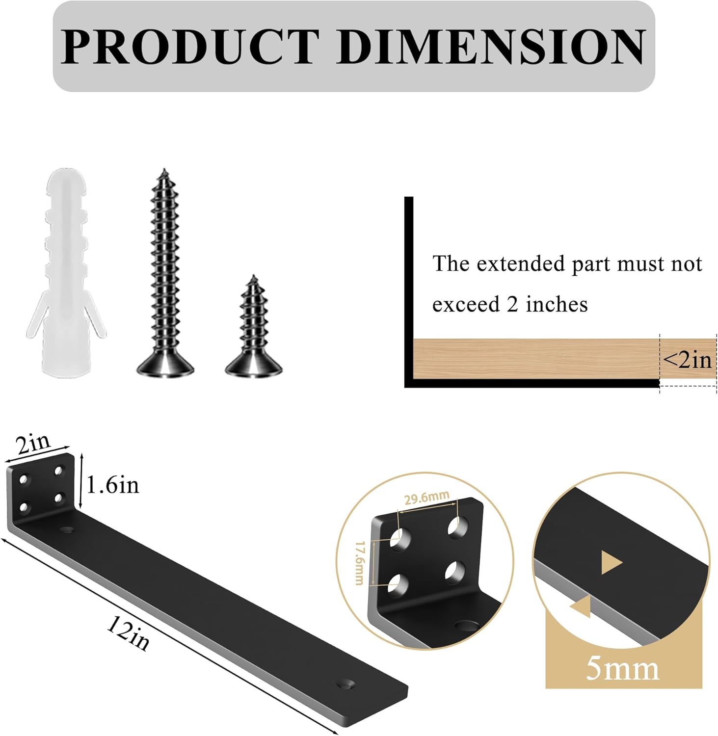 Heavy Duty Shelf Brackets L12 x H1.6 x W2, (1/5'' Thick) Brackets for Shelves, Metal Shelf Brackets Shelving Brackets 8 Pack