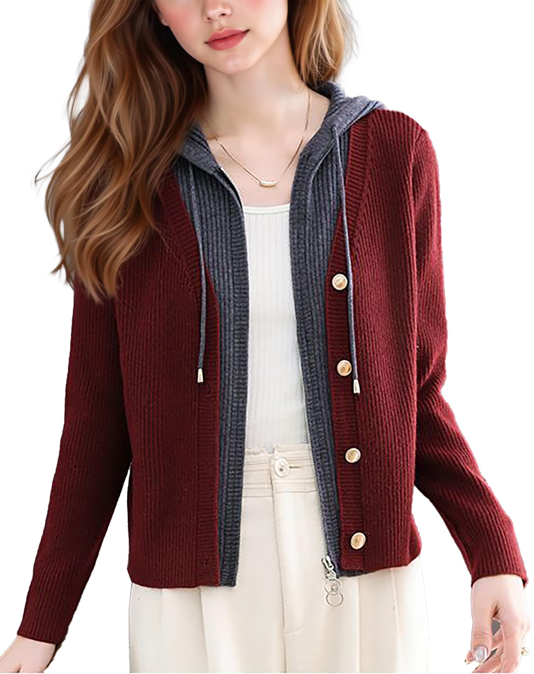 LAI MENG FIVE CATS Womens Casual Cardigan Hooded V Neck Sweaters Knitted Long Sleeve Knit Jackets