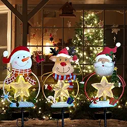 Pacote com 3 estacas de Natal, decoração de estaca de Natal, luz solar para jardim ao ar livre, boneco de neve/Papai Noel, rena, estacas de quintal com luzes de LED à prova d'água para casa, gramado, caminho, Natal, decoração de inverno