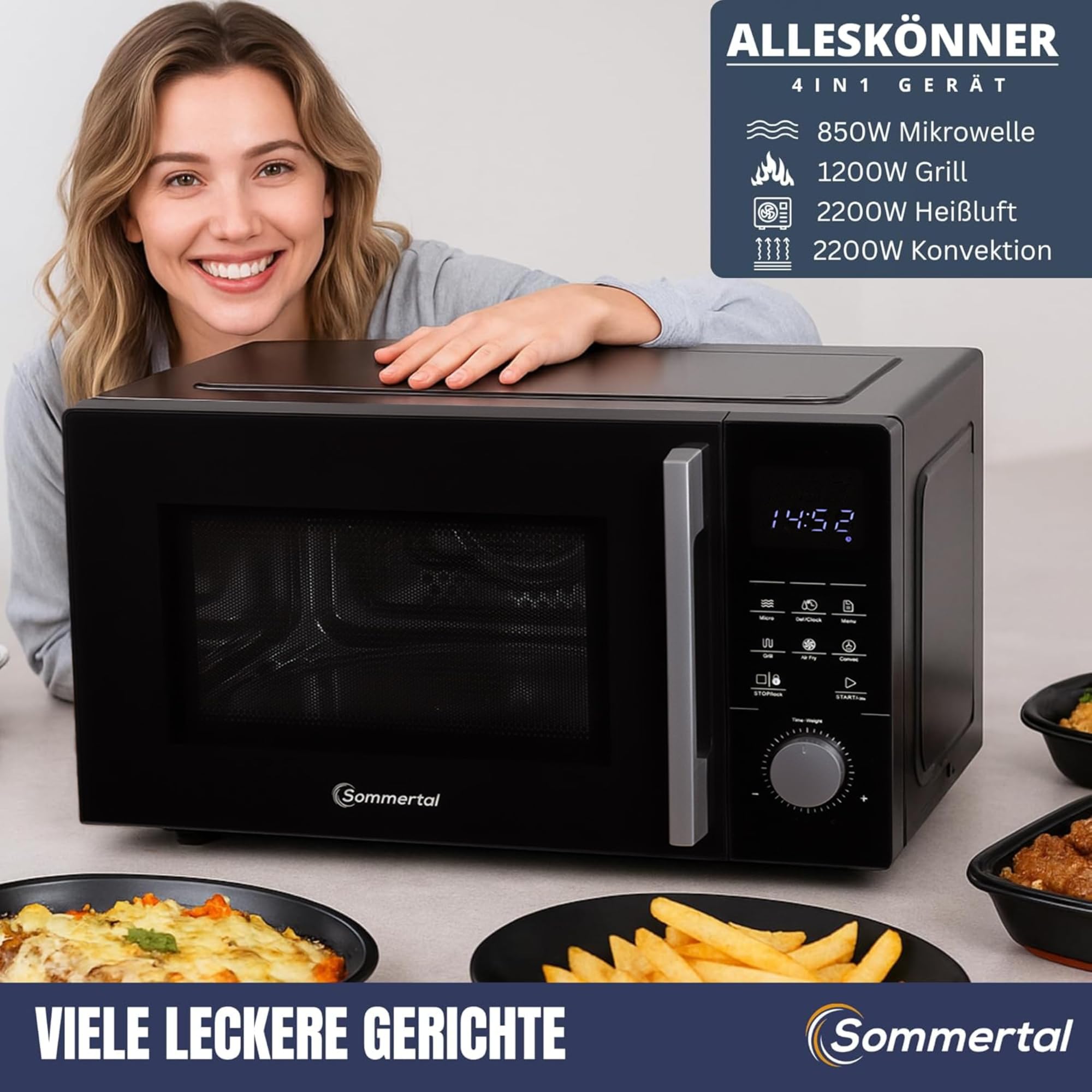 Sommertal 4in1 Mikrowelle 25L – Grill, Heißluft-Fritteuse, Konvektion, 2200W, 8 Programme, Touch-Display, 60 Min Timer, Schwarz, Kindersicherung, Express-Start – inkl. Rost & Crisp-Pfanne