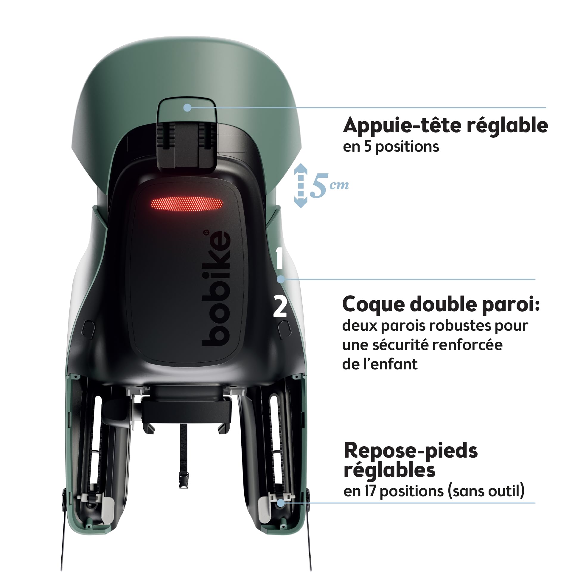 Siège vélo arrière inclinable pour Porte-Bagages et sur Cadre Bobike Exclusive Evolve Maxi Double paroi, Harnais 5 Points, Appui-tête réglable et Suspension intégrée pour Enfants Jusqu’à 22 kg