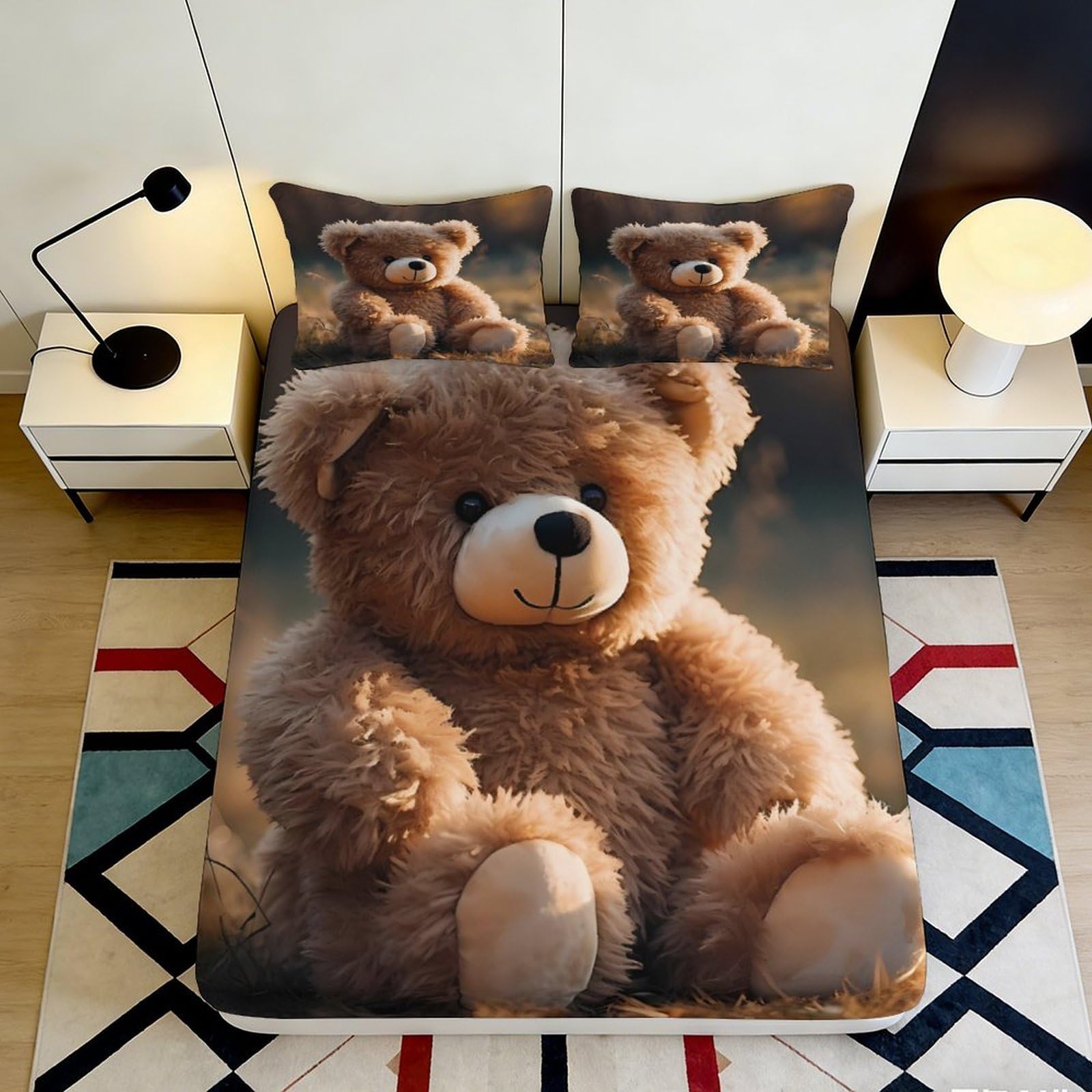 3D Printed Brown Teddy Bear Fitted Sheet Microfiber Soft Non Slip Cartoon Plush Mattress Cover Bedroom Decor 90x200x25cm