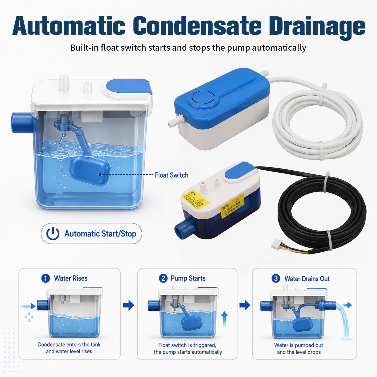 Bomba de condensado, aire acondicionado, deshidratación automática, bomba de condensación con depósito de agua de 60 ml, altura máxima de extracción 10 m y 24 l/h, bombas de condensado silenciosas