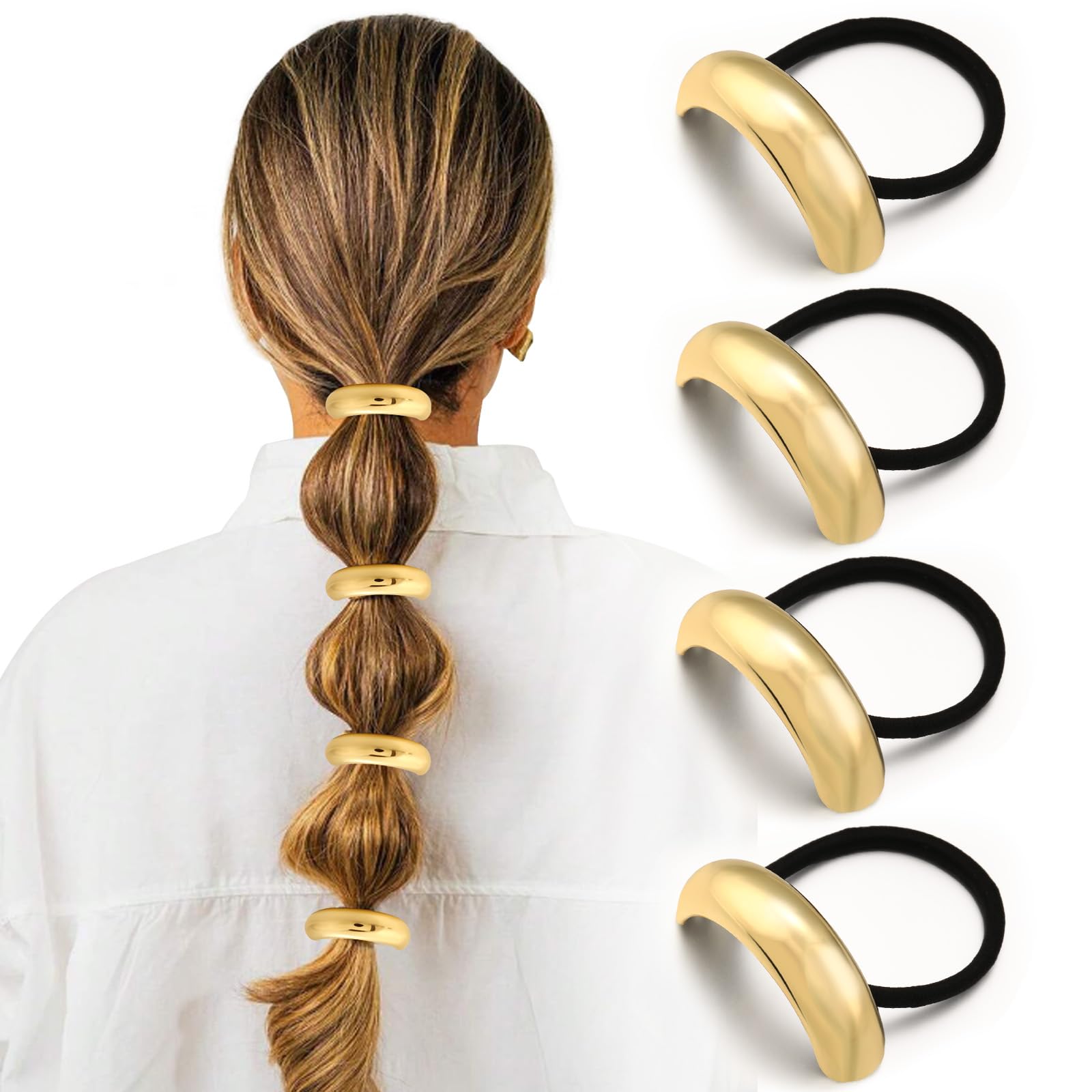 Golden Metal Hair Ties 4 Pack, No Damage, Thick Band, High Elasticity, Stylish gold hair ties - TikTok Shop main image 3