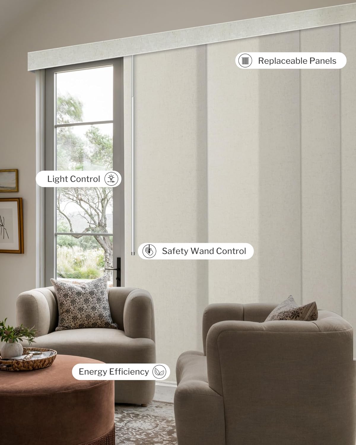Graywind Manual Sliding Panels Light Filtering Privacy Panel Track Blinds Wand Control Window Blinds for Patio Sliding Glass Door Large Windows Width Up to 153", Custom Size (Linen Beige)