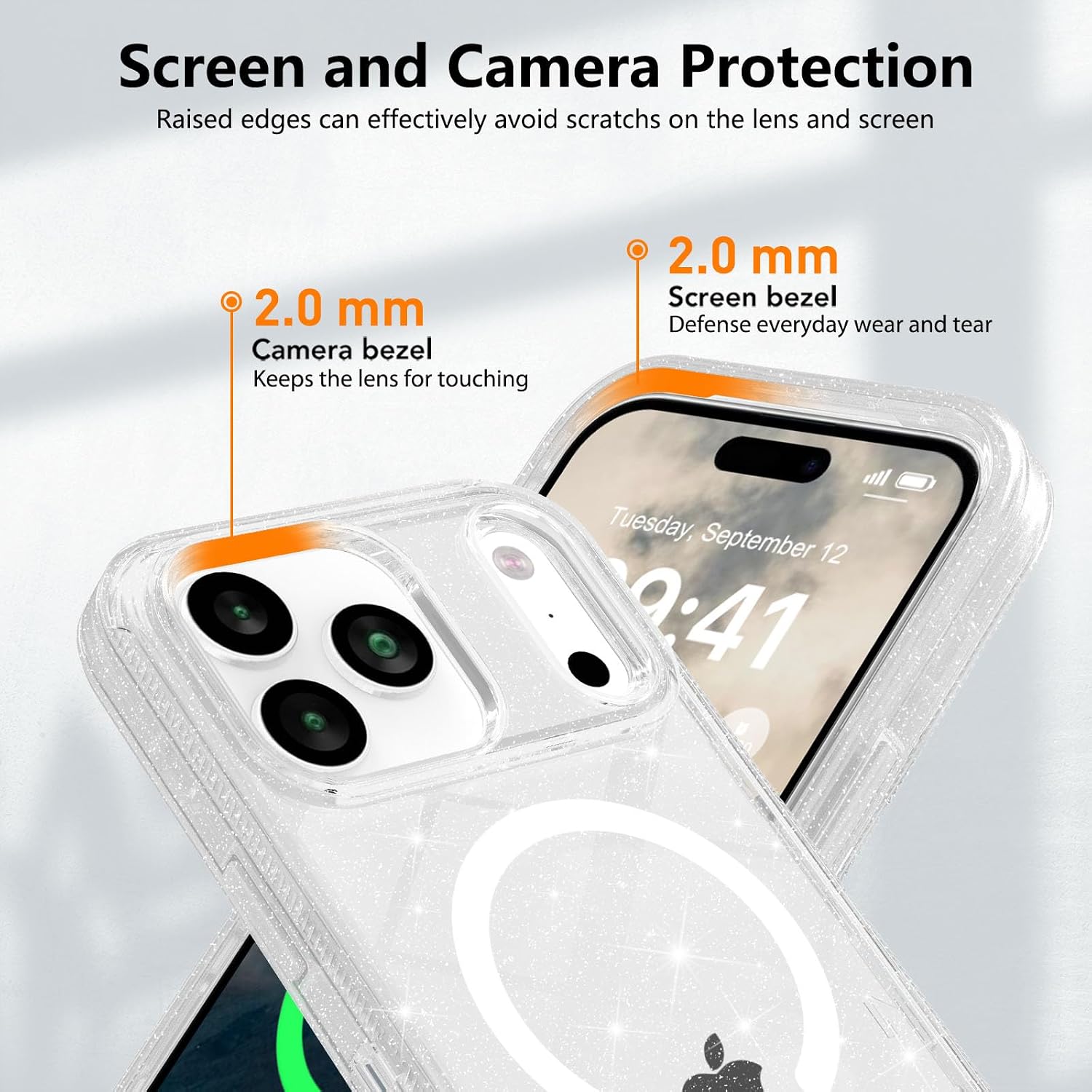 TUTUKII Compatible with iPhone 17 Pro Case with Screen Protector, Shockproof, Compatible with MagSafe, 3-Layer Drop Protection, Heavy Duty Magnetic Phone Case Cover, 6.3", Clear Glitter