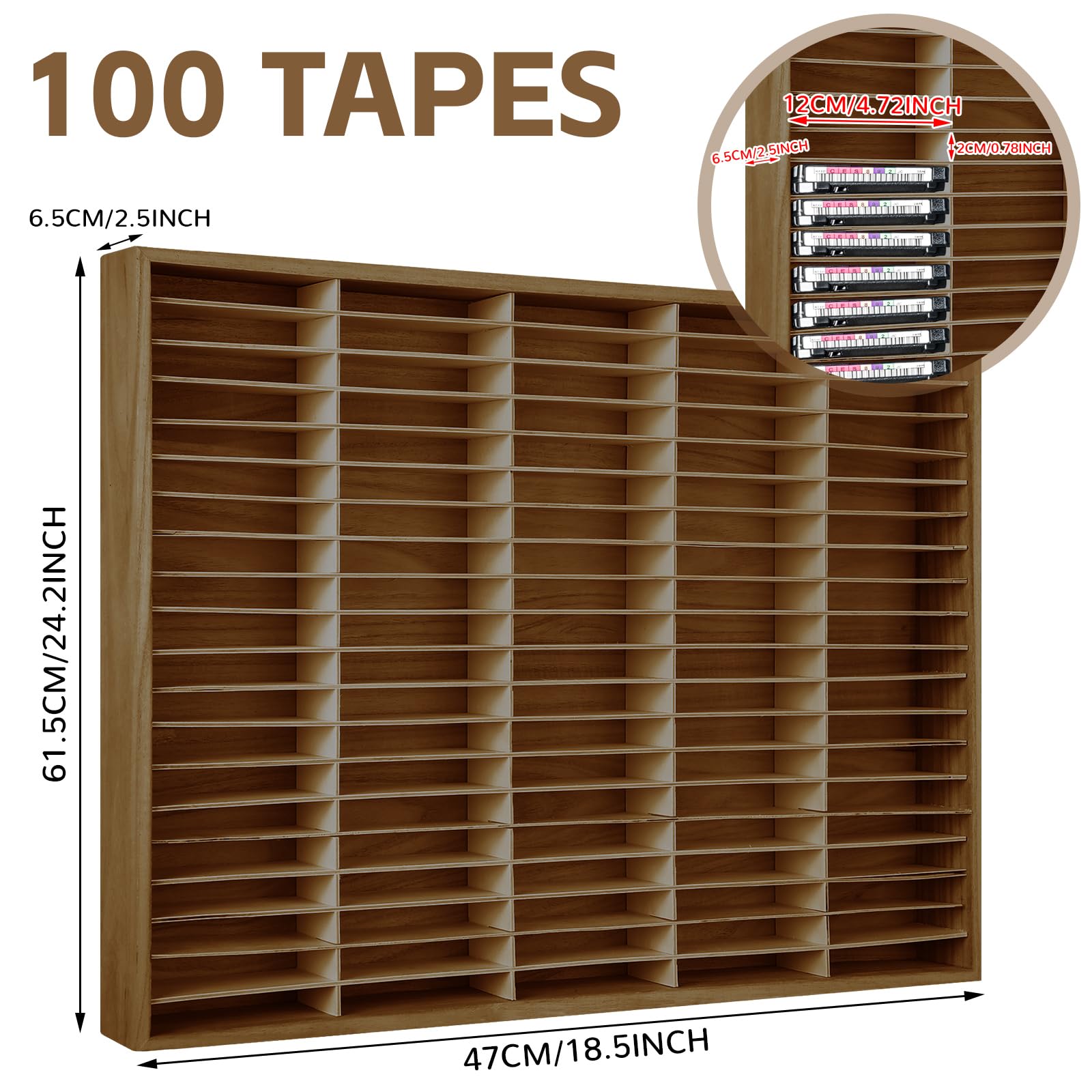 Marsui 100 slot per cassette in legno per nastri audio, organizer per cassette per accessori audio da collezione (marrone)