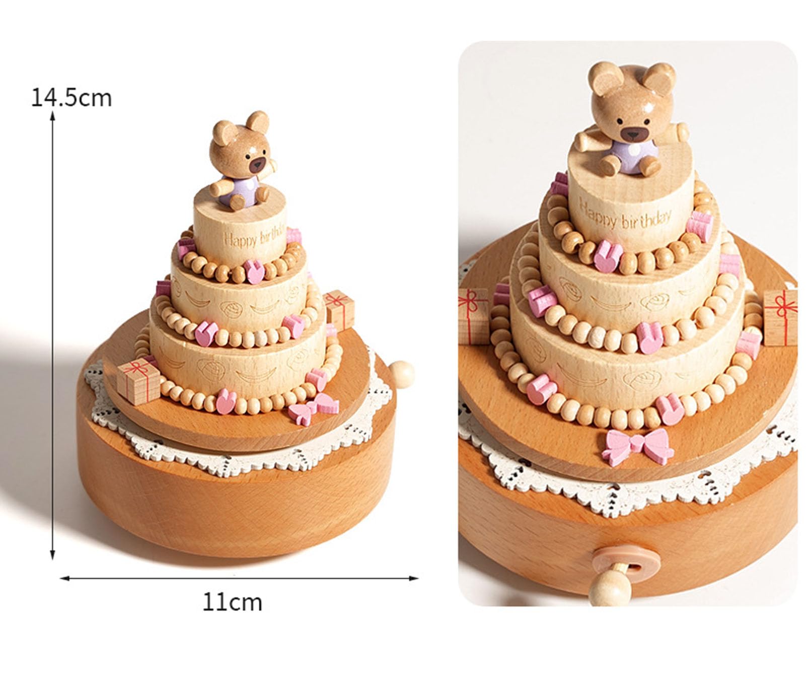 Scatola Musicale a Forma di Torta di Compleanno in Legno, Scatola Musicale con Orso Rotante