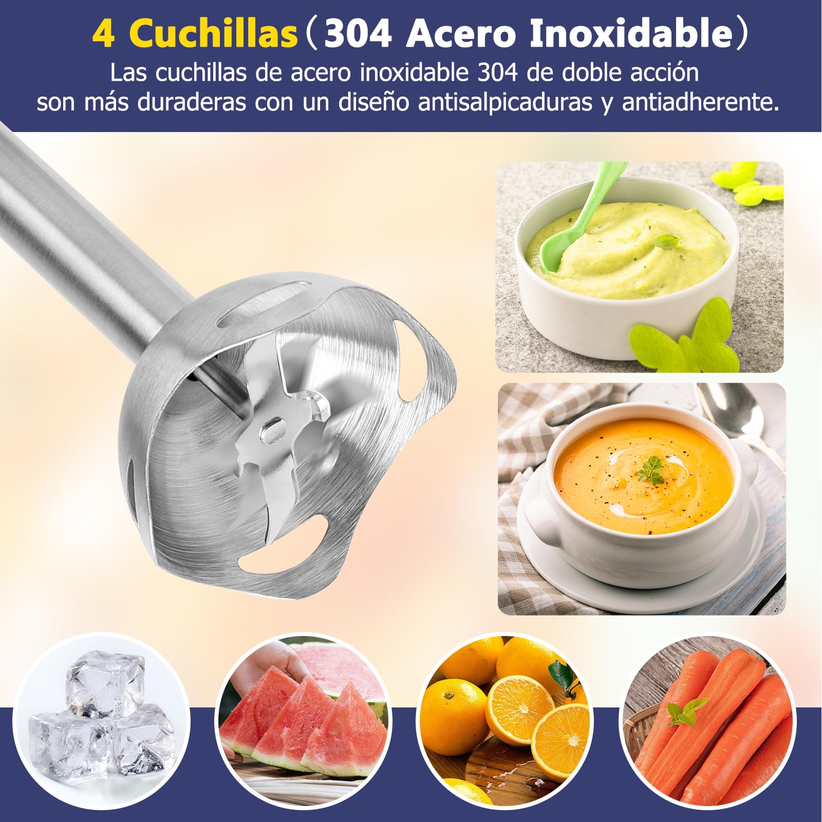 Aigostar Buckle - Batidora Mano, Minipimer 4 en 1, 1000W, 6 Velocidades y ModoTurbo, Batidora de Mano con Vaso Picador de 500ml, Vaso Medidor de 600ml y Batidor de Huevo. Libre de BPA