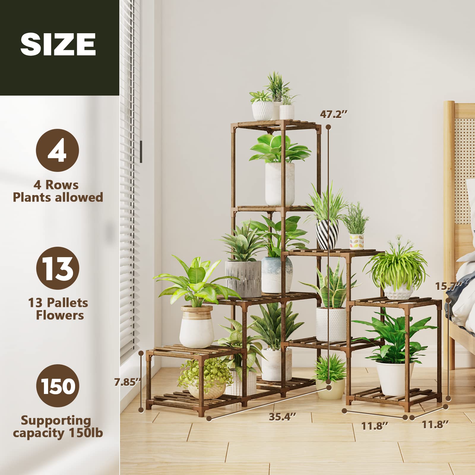Bamworld Supporto per piante ad angolo per interni, in legno, 8 vasi per più piante, decorazione per la casa per regali di giardinaggio