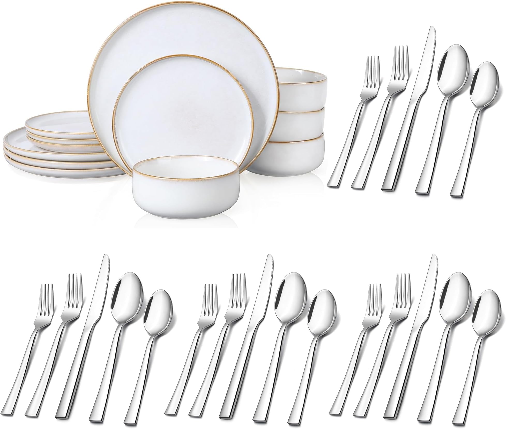 E-far Dinnerware Sets for 4 with 20-Piece Silverware Set Bundle, 12-Piece Stoneware Plates and Bowls Set, Stainless Steel Flatware Set Service for 4, Dishwasher Safe & Square Edge - Seashell White