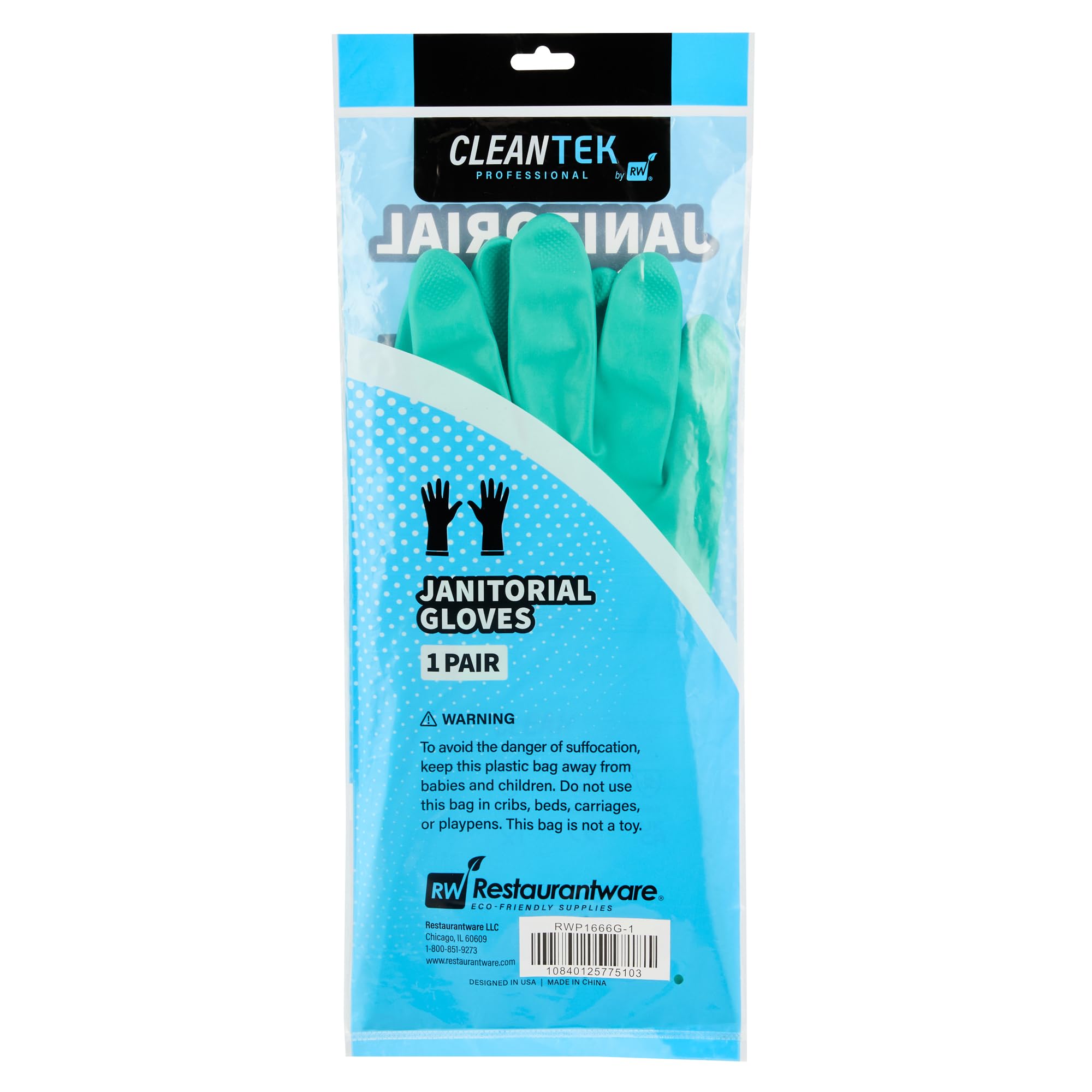 Restaurantware - Clean Tek Professional - Guantes de limpieza grandes de 15 mil, 10 pares de guantes largos, forro flocado, sin polvo, guantes de nitrilo verde tolerantes a productos químicos, sin
