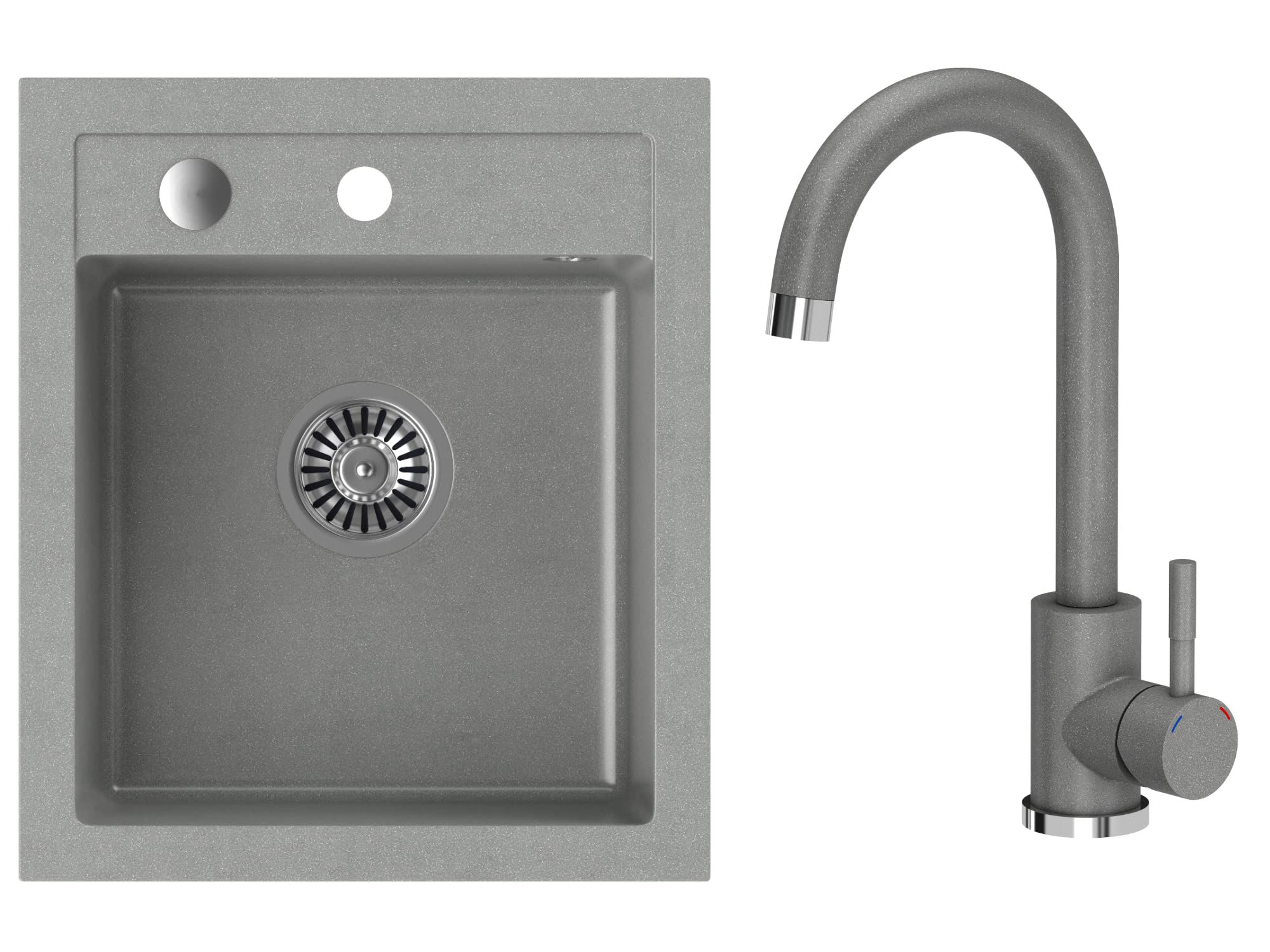 VBChome Fregadero con grifería gris 43 x 50 cm de granito para empotrar con sifón