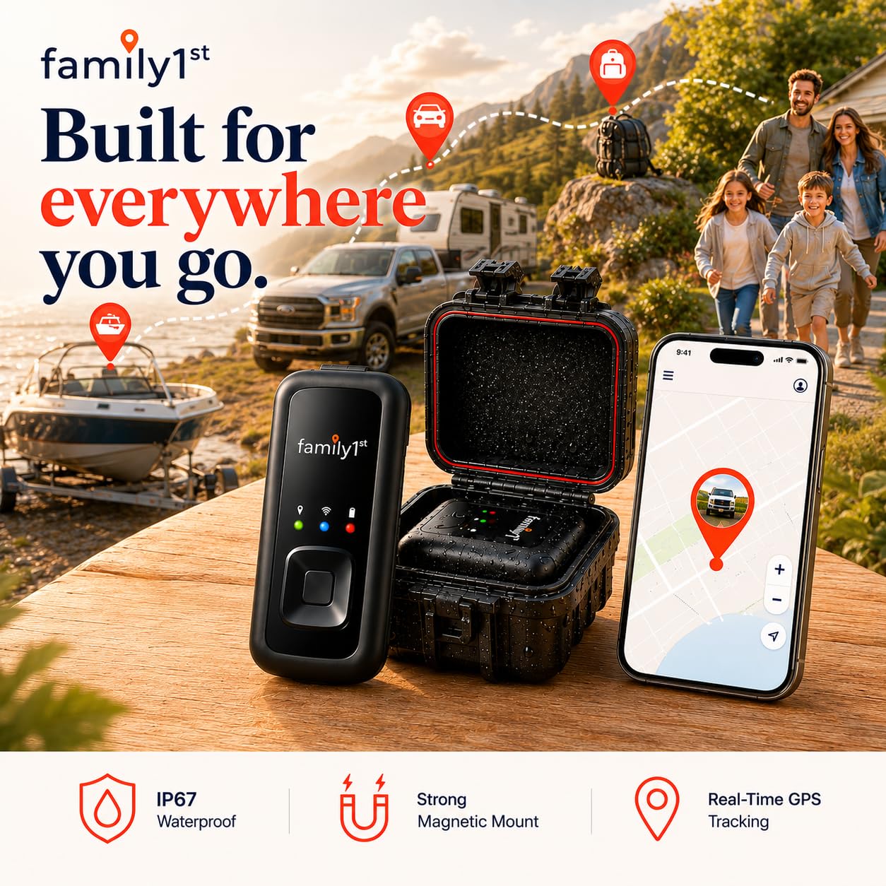 Family1st Dispositivo rastreador GPS para vehículos, coches, seres queridos, hasta 30 días de batería con carcasa impermeable magnética, seguimiento en tiempo real con aplicación, requiere suscripción
