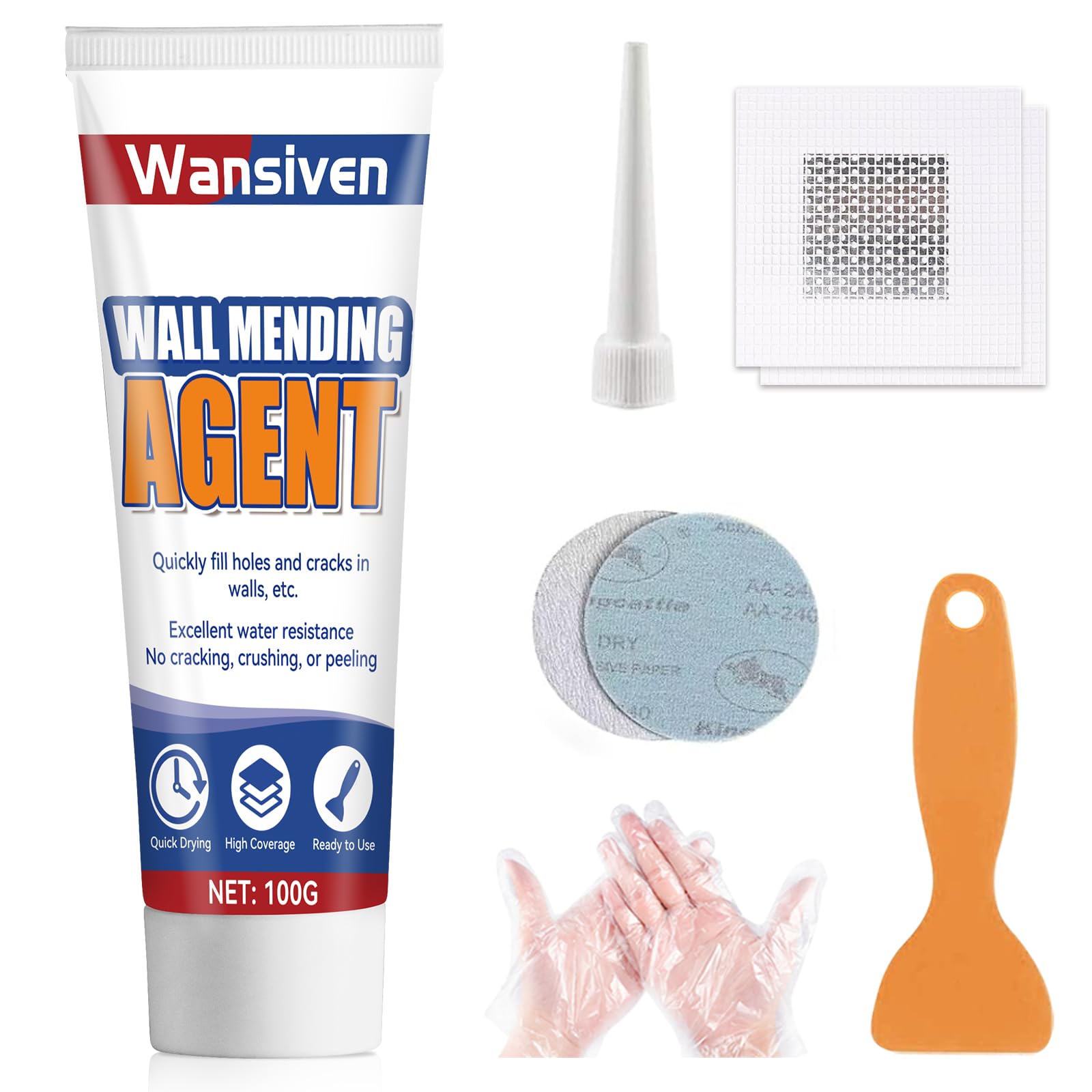 Wansiven Wandreparaturcreme, Weißes Spachtelmasse Set, Fertigspachtel Reparaturpaste zum Füllen von Rissen und Putzflächen, mit Schaber und Reparaturflicken (100 g)