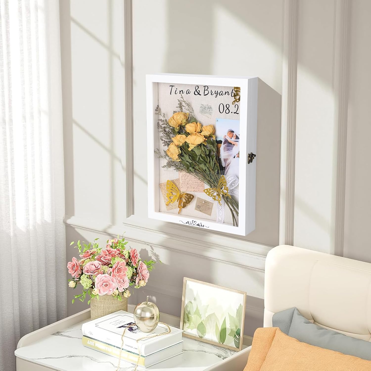 Yookeer 12 x 16'' Large Shadow Box Wedding Flower Display Case Picture Frame with Linen Memorial Keepsake Shadow Box Dried Bouquet Flower Decor DIY Kit Gift for Keepsakes Photo Memory Frame(White)