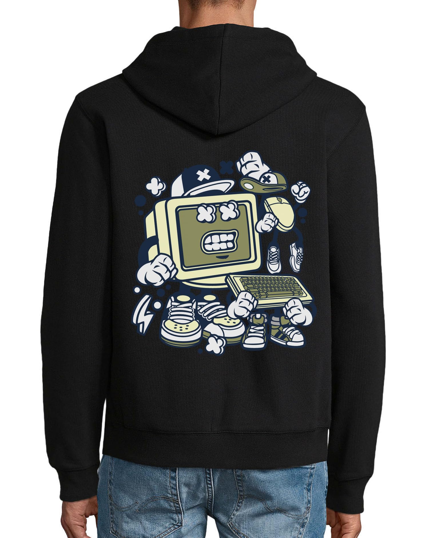 Old Computer Retro Personal Computer Hip Hop Art Felpa con cappuccio misto cotone cerniera felpa con cappuccio nero
