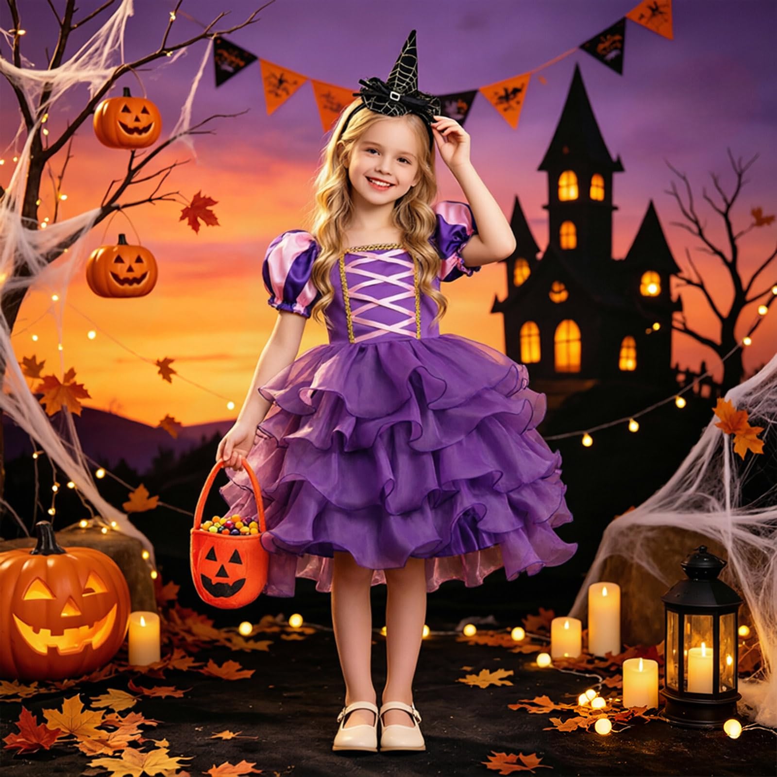 Halloween Kürbis Kostüm Hexenkostüm Kinder Tüllkleid mit Haarreif ＆ Tasche