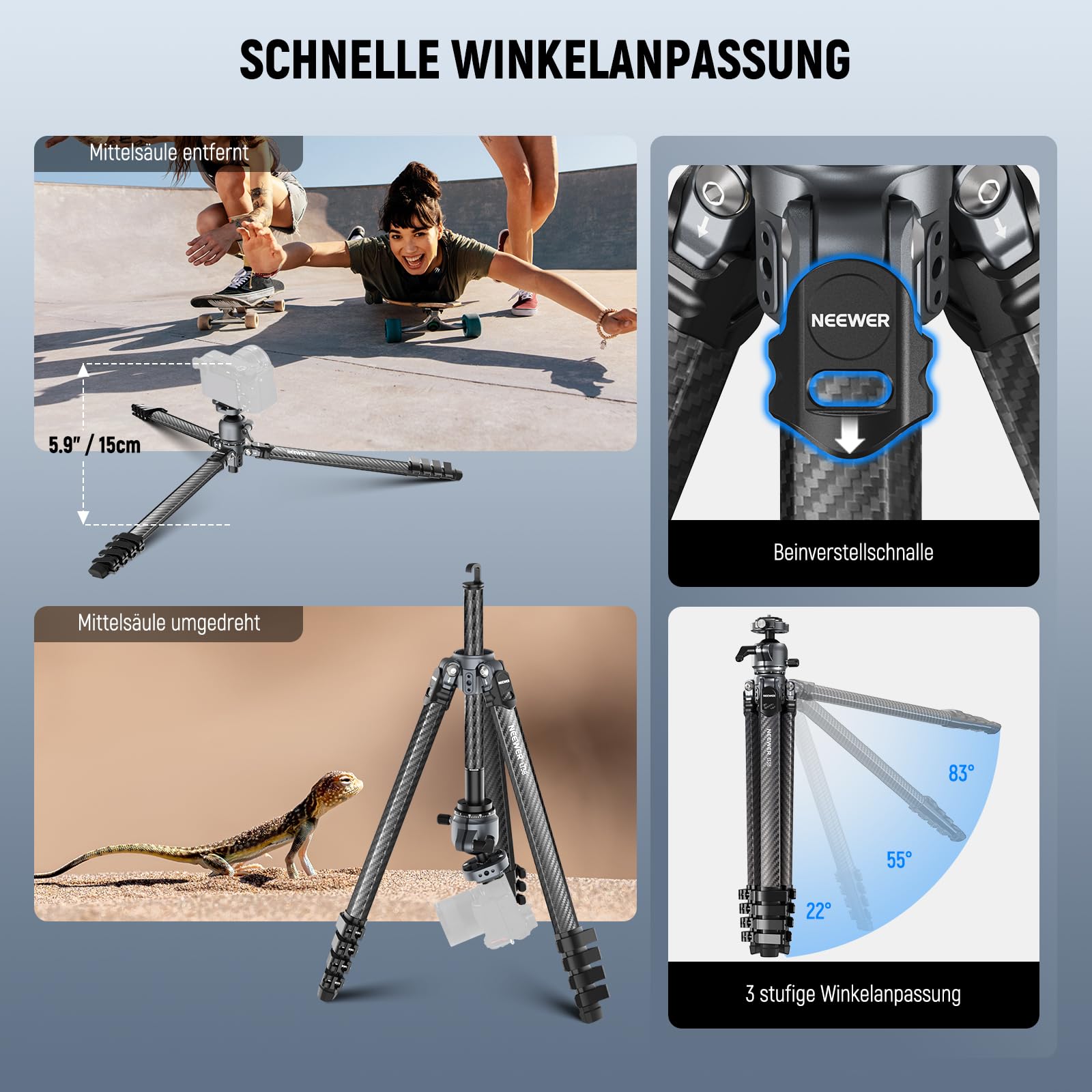 Neewer LITETRIP LT38 Kamera Reisestativ aus Kohlefaser 360° Schwenk/Neige niedrige Profil Kugelkopf flexible Mittelachse Arca QR Platte kompatibel mit Peak Design Stativ Clip V3 max Last – Bild 4