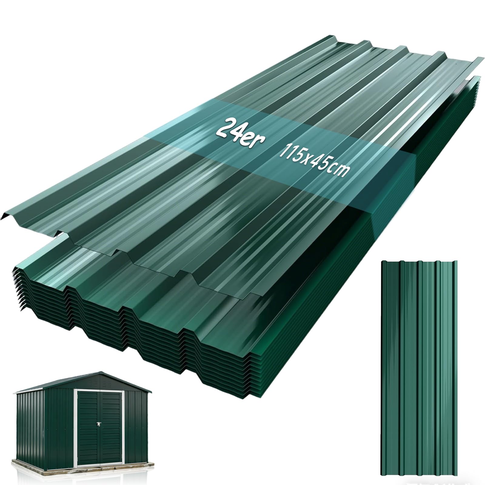 Sorlpv 24X Corrugated Metal Roofing Sheets 115x45CM, Weatherproof Galvanised Trapezoidal Steel Roof Panels, 12.42m² Metal Grooved Roof for Carports Greenhouse Tool Sheds Garage, Green