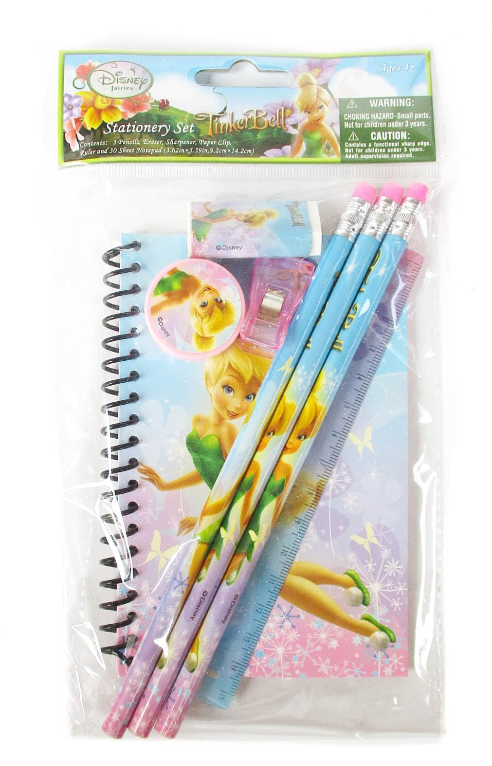 Making the Grade Tinkerbell 8 Piece Stationery Set - includes 3 Pencils, Eraser, Sharpener, Paper Clip, Ruler, and Notepad, Blue