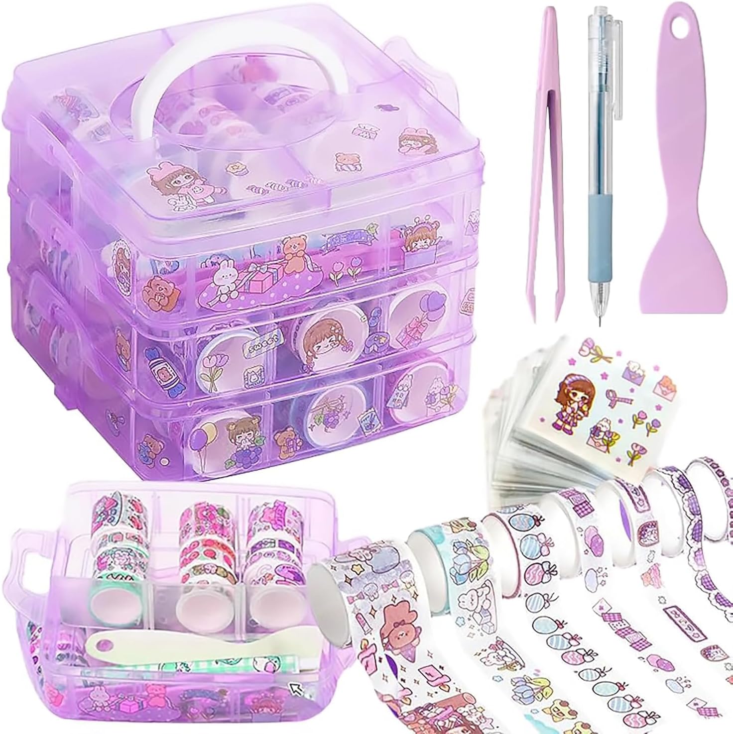- Washi Tape Set - 100 Pcs Designer Decorative Masking Tapes with 20 Pcs Kawaii Stickers, Tweezer, Pen and Spatula in 3 Layer Box, Tapes for DIY Art & Crafts, Wrapping