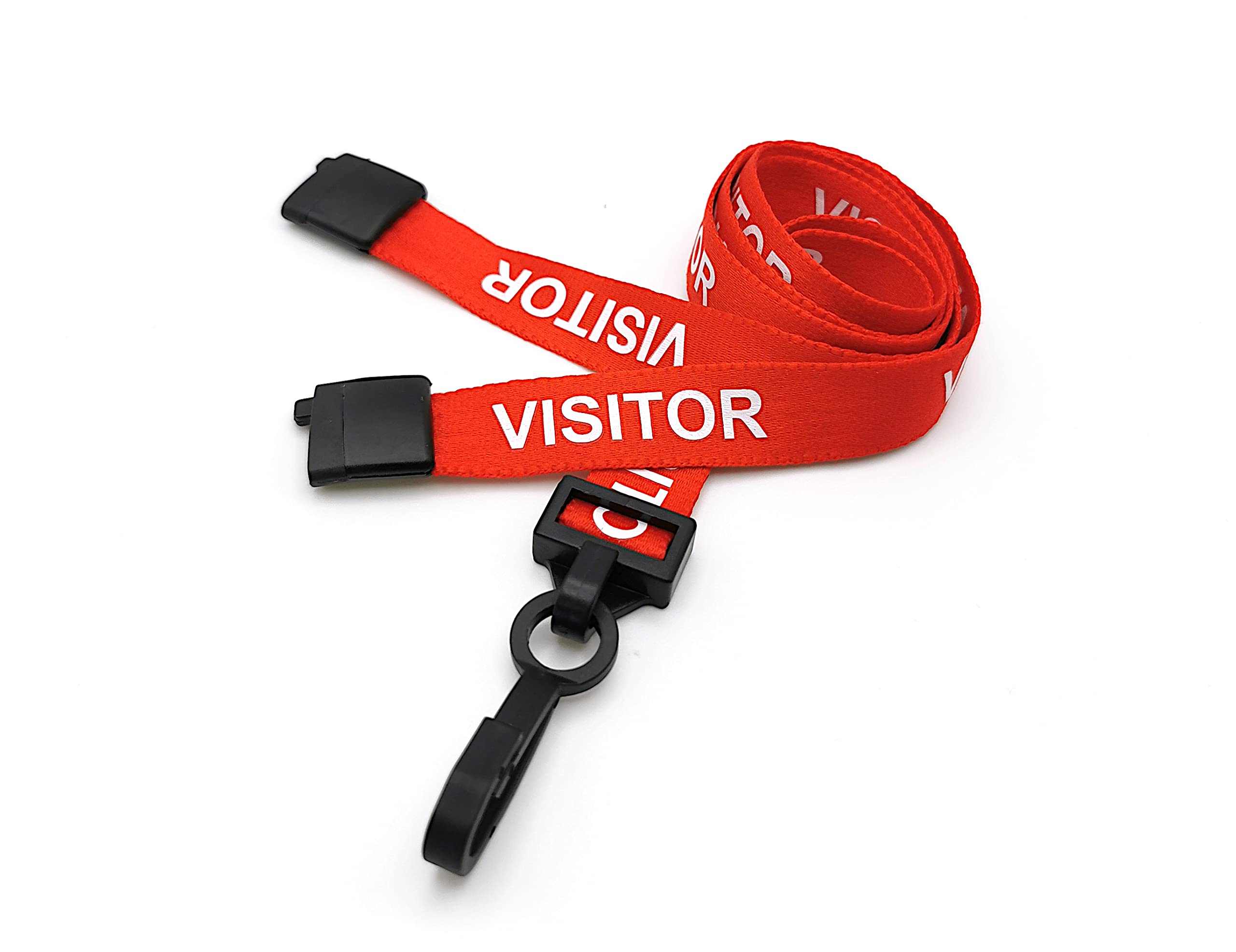 Red Visitor Lanyards with Plastic J Clips and Safety Breakaways - Pack of 100