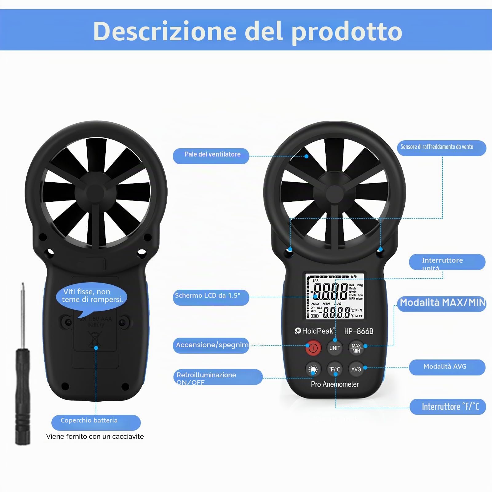 HoldPeak Anemometro Digitale 866B, Misuratori del Vento,Temperatura del Vento,Max/Min,LCD Retroilluminato,qualità dell'Aria e del Flusso d'Aria per Windsurf,Kitesurf,Vela,Surf,Pesca