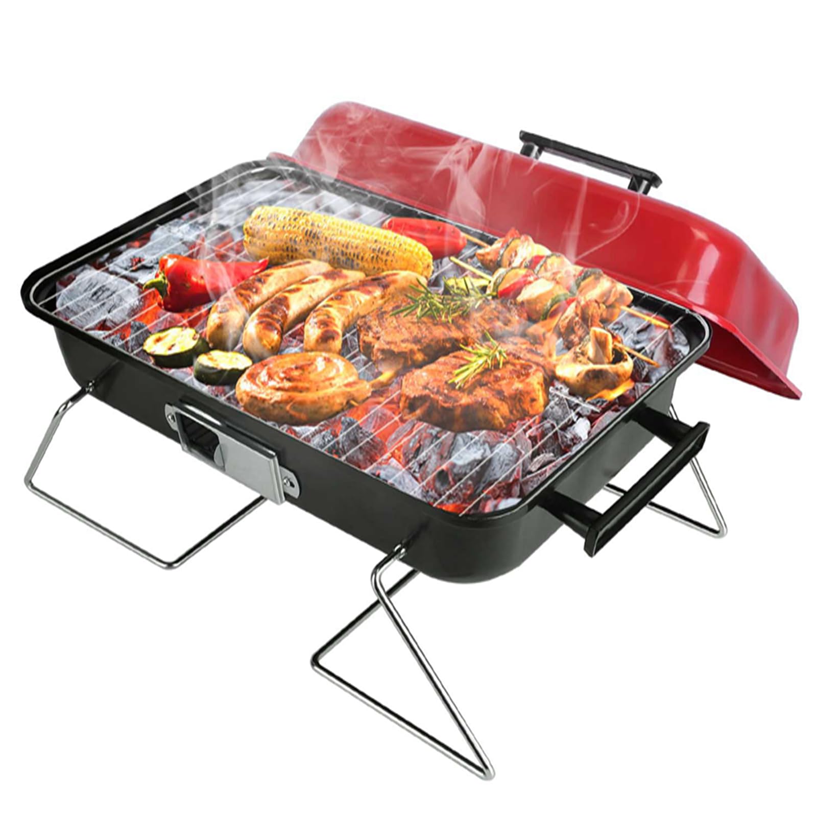KOCASO Barbecue portatile a carbonella, griglia pieghevole per barbecue, da tavolo con coperchio, griglia da campeggio per esterni, patio, cortile, feste, picnic, spiaggia, viaggi, griglia pieghevole