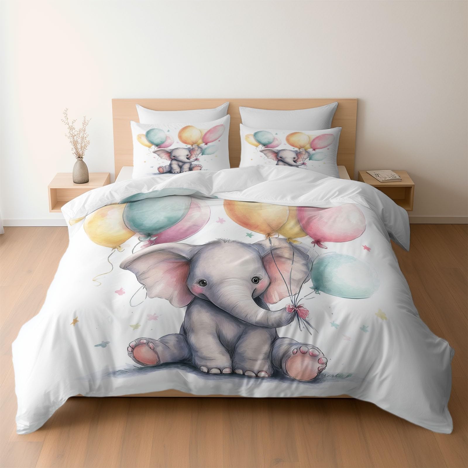 Housse de couette 200x200 éléphant avec 2 taies d'oreiller en microfibre