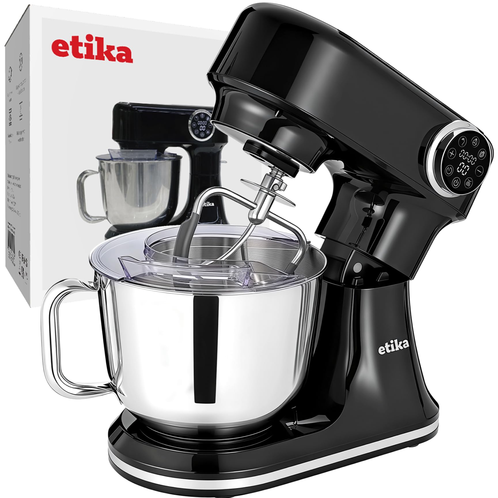 Etika Robot Kuchenny ET24, Czarny, 5 l, 1500 W, 12 Prędkości, z Wagą, Funkcja PULSE, Hak, Mieszadło, Trzepak